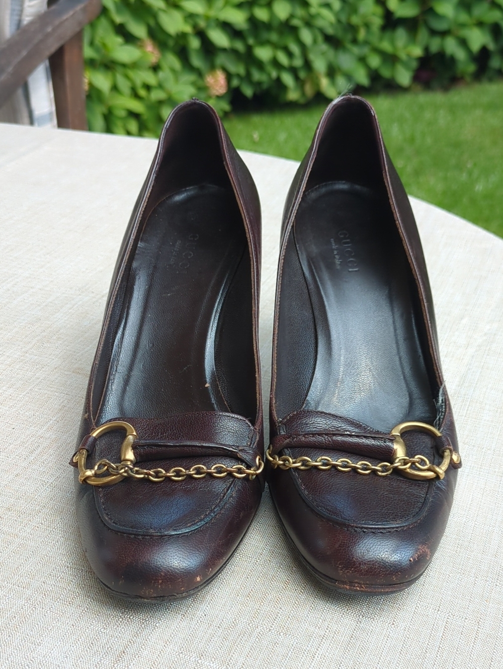 Vintage Gucci Dark Brown Leather Loafers with Gold Chain Detail
